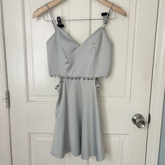 NBD Brandi Skater Mini Dress Size XS Silver Satin Cut Out Party Night Out - Picture 5 of 12